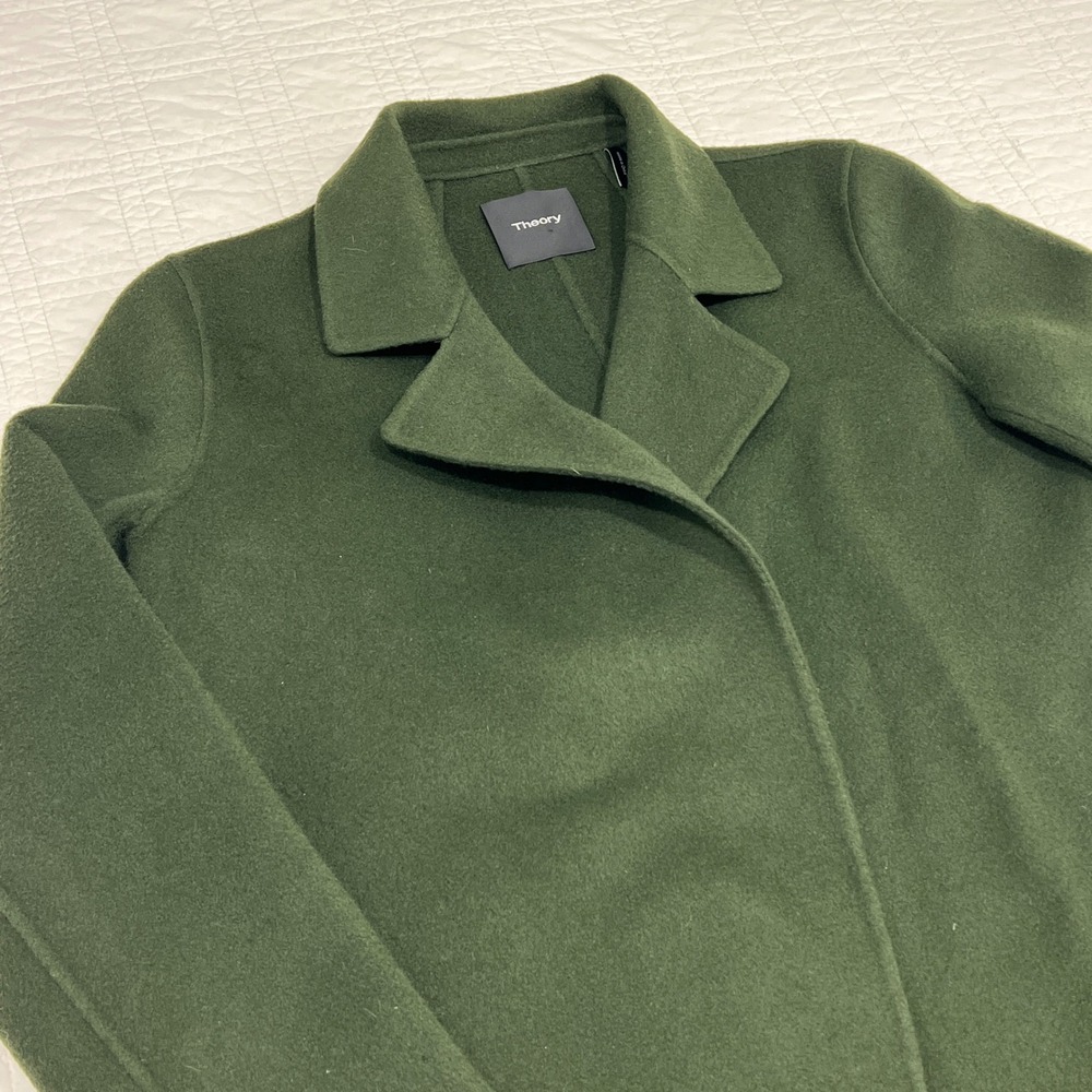 Theory Sileena Winsome 2 Olive Green Wool Cashmere Coat Notched Lapel P (XS)